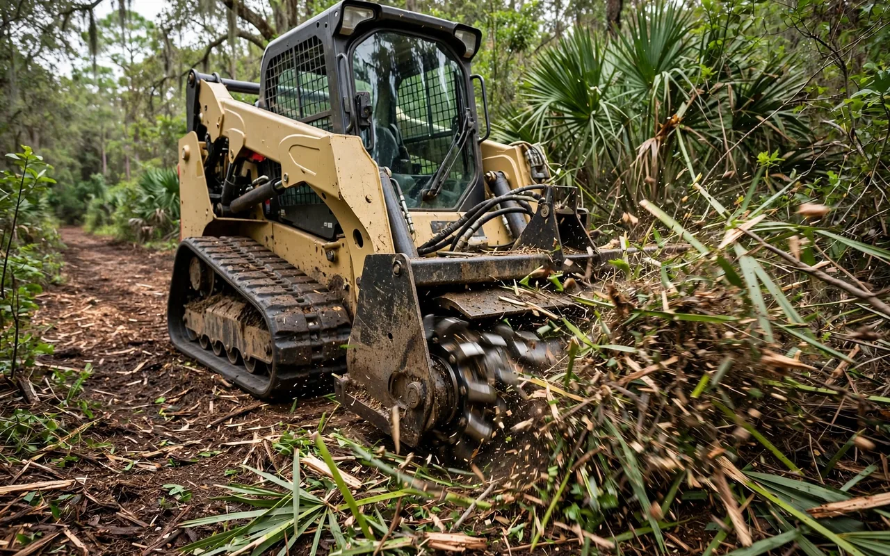Tracked skid steer with forestry mulching head clearing dense palmetto brush in Florida