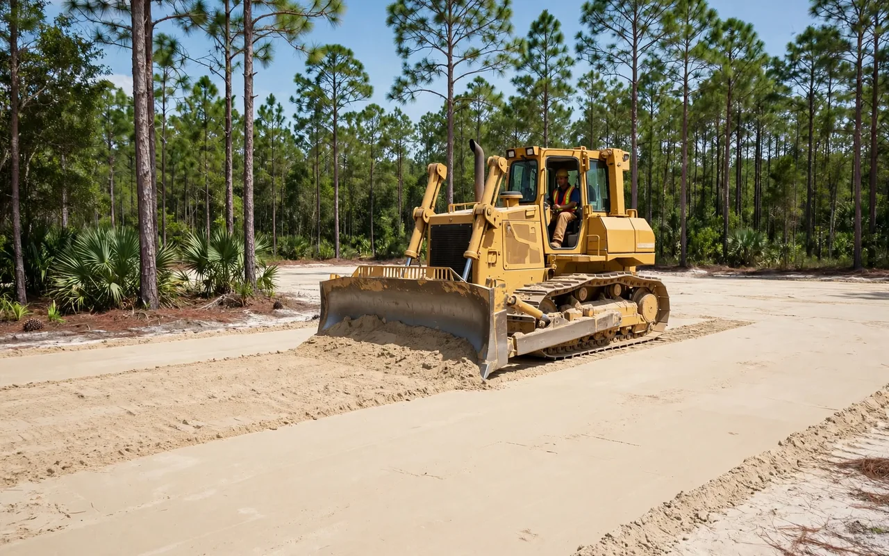 Bulldozer grading and leveling sandy soil for a building pad surrounded by Florida pines