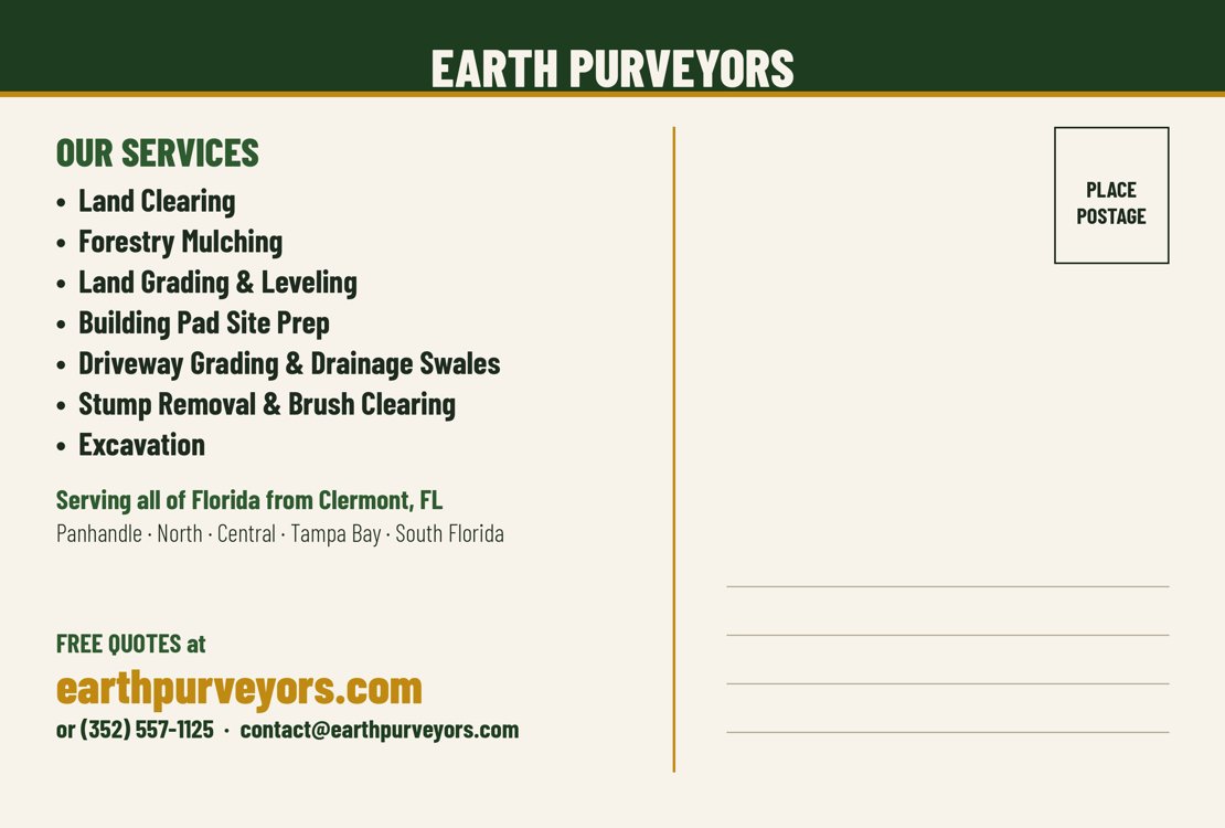 Back of the Earth Purveyors postcard listing land clearing, forestry mulching, grading, pad prep, drainage, stump removal and excavation services in Lake, Orange, Osceola, Polk and Sumter counties, with phone, email and website